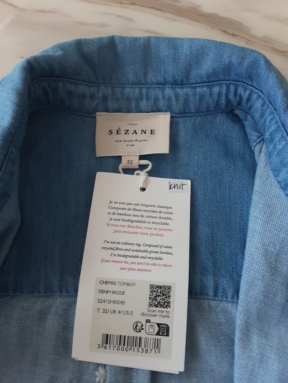 SEZANE Tomboy 100% Cotton Floral Embroidered Denim Button-Front Shirt Sz 0 NWT - Picture 7 of 7